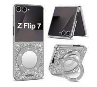 Coque Samsung Galaxy Z Flip 7,Paillettes Original Etui pour Samsung Z Flip 7 5G avec Miroir Support, Protection Magnétique Antichoc Coque pour Galaxy Z Flip 7 Case (Argenté)