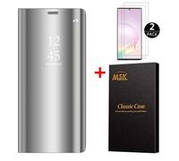 Coque Samsung Note 20 + [2 Pack] Verre trempé Miroir Flip Case avec Stand Housse Protection Étui pour Galaxy Note 20 Silver