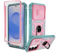 Coque Samsung s25【avec 2 Films de Protection】 avec CaméRa Coulissante Intégrée & Protecteur d'écran, 360° Protection Militaire,avec Anneau Bague Rotatif à 360,Coque Samsung Galaxy s25, Vert Rose