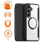 DUX DUCIS [Skin X Pro Series Étui conçu pour Samsung Galaxy S25 Plus, étui à Rabat MagSafe en Cuir synthétique avec Fente pour Cartes, Dos en Polycarbonate Rigide Transparent - Noir