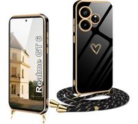 Coque silicone anti¿choc pour Realme GT 6 / GT 6T - lanière réglable 1,6 m, motif coeur galvanisé et bord doré