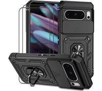 Coque Silicone Antichoc Pour Google Pixel 8 Pro ¿ Cache Caméra Coulissant, Anneau Rotatif 360°, Bumper + 2 Verres Trempés - Noir