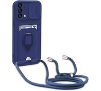 Coque Silicone Bleue Compatible Oppo A74 4g/A95 4g/F19/Reno6 Lite - Anneau Support Et Cordon Tour De Cou Réglable