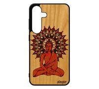 Coque Silicone Galaxy S24 Vrai Bois Bouddha Image Sagesse Pochoir Portable Yoga Rosace Etui TPU Tibet Fantaisie Mandala 4G pour Samsung