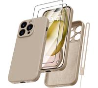 Coque Silicone Liquide Doublée Microfibre + 2 Verres Trempés Pour Iphone 15 Pro Max (6,7"") - Protection 360% Antichocs Et Anti-Rayures - Kaki