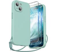 Coque Silicone Liquide Iphone 15 6,1"" Vert Menthe - Housse Antichoc 4 Couches Avec Microfibre Doublée, Protection Caméra Rehaussée, 2 Verres Trempés + Dragonne