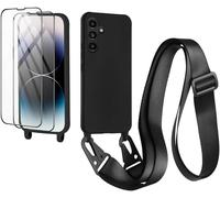 Coque Silicone Liquide Pour Samsung Galaxy A15 (4g/5g) + 2 Verres Trempés 9h, Lanière Large Réglable Et Amovible, Antichoc, Noir