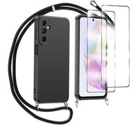 Coque Silicone Mate Avec Cordon Tour De Cou Réglable + Verre Trempé - Compatible Samsung Galaxy A55 5g - Noir