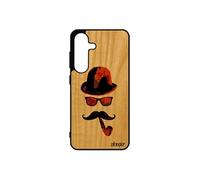 Coque silicone monsieur moustache pour Samsung S25 bois orange street art homme chapeau melon pipe smartphone housse graf de pour galaxy