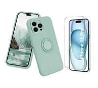 Coque Silicone Pour iPhone 15 Pro Couleur Vert Avec Anneau Support + Verre Trempe Protection Ecran
