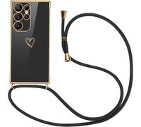 Coque Silicone Ultra-Fine Pour Samsung Galaxy S22 Ultra 5g Avec Cordon/Lanière Réglable Et Amovible, Motif C?ur Pailleté, Protection Rehaussée - Noir