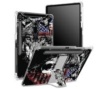 Coque souple pour Samsung Galaxy Tab S8 Plus 2022/S7 FE 2021/S7 Plus 2020 12,5" avec porte-stylo, dos transparent avec drapeau américain loup, coque de protection d'angle avec béquille rigide