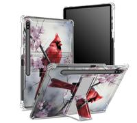 Coque souple pour Samsung Galaxy Tab S8 Plus 2022/S7 FE 2021/S7 Plus 2020 12,5" avec porte-stylo, dos transparent avec oiseaux rouges et fleurs de Sakura rouge, coque de protection d'angle avec