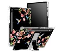 Coque souple pour Samsung Galaxy Tab S8 Plus 2022/S7 FE 2021/S7 Plus 2020 12,5" avec porte-stylo S, dos transparent avec colibri floral Sakura, coque de protection d'angle avec béquille rigide