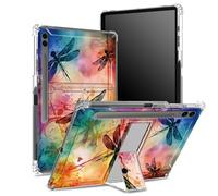 Coque souple pour Samsung Galaxy Tab S9 FE Plus 12,4" 2023 SM-X610/ X616B/X618U avec porte-stylo, dos transparent avec libellule colorée, coque de protection d'angle avec béquille rigide