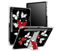 Coque souple pour Samsung Galaxy Tab S9 FE Plus 12,4" 2023 SM-X610/ X616B/X618U avec porte-stylo, dos transparent avec papillons rouges, noirs et blancs, coque de protection d'angle avec béquille