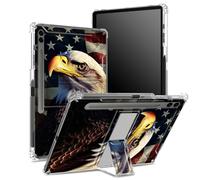 Coque souple pour Samsung Galaxy Tab S9 FE Plus 12,4" 2023 SM-X610/ X616B/X618U avec porte-stylo S, dos transparent avec drapeau aigle rétro, coque de protection d'angle avec béquille rigide