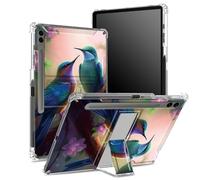 Coque souple pour Samsung Galaxy Tab S9 FE Plus 12,4" 2023 SM-X610/ X616B/X618U avec porte-stylo S, dos transparent avec colibris Sakura, coque de protection d'angle avec béquille rigide