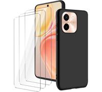 Coque Tpu Souple Noire Pour Vivo Y28 4g (6,68"") + 3 Films En Verre Trempé 9h ¿ Fine, Légère, Bords Surélevés Et Anti-Traces