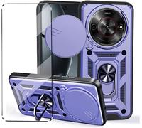 Coque + Verre Trempé Compatible Zte Blade A75 5g ¿ Coque Silicone Rigide Antichoc, Bords Surélevés, Glissière Protection Caméra, Bague Support Rotative 360°, Bleu Marine