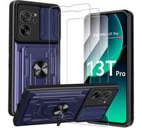 Coque Xiaomi 13t/13t Pro - Bumper Antichoc Bleu + 3 Verres Trempés, Cache Objectif Coulissant, Anneau Rotatif 360° Magnétique Avec Plaque Voiture, Emplacement Carte Amovible