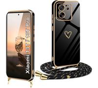 Coque Xiaomi 13t / 13t Pro - Silicone Tpu Souple Motif C?ur Avec Bords Dorés, Lanière Tour De Cou Réglable Et Amovible, Protection Antichoc