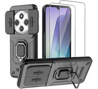 Coque Xiaomi Redmi 14c / Poco C75 4g ¿ Bumper Renforcé Tpu+Pc, Cache Appareil Photo Coulissant, Anneau Rotatif 360° Support, Silicone Antidérapant Antichoc + 2 Verres Trempés 9h