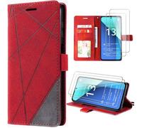 Coque - Xiaomi - Redmi Note 13 4G - Cuir PU Rouge - 2 Verres Trempés - Protection Mains Libres