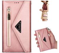 Coque Xiaomi Redmi Note 7 Étui à Rabat en Cuir,Sac à Bandoulière Fermeture éclair Portefeuille Housse de Protection avec Cordon Étui Housse Cuir PU Folio Flip Case avec Fonction Stand,Or Rose