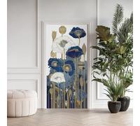 Coquelicot Bleu Foncé Doré Blanc Stickers pour Papier Peint PVC Imperméable, Floral Art Porte Autocollants 3D Trompe L'Oeil, Fleur Moderne Élégante Poster de Porte Amovible 63x205 cm
