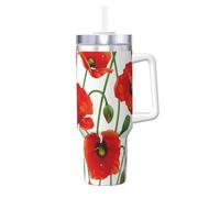 Coquelicots rouges,Gobelet isotherme Ice Bully de 40 oz avec poignée, couvercle et paille, en acier inoxydable, pour voiture ou café.