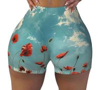 Coquelicots sur bleu ciel imprimé souple élastique confortable short de sport taille haute contour exercice course, Noir , XXL