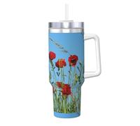 Coquelicots sur ciel bleu,Gobelet isotherme Ice Bully de 40 oz avec poignée, couvercle et paille, en acier inoxydable, pour voiture ou café.