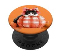 Coquette Citrouille Automne Plaid Noeud Rose Chat Noir Automne PopSockets PopGrip Interchangeable