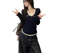 Coquette Clothes Downtown Girl Cute Esthétique Dentelle Bow Volants Crop Tops Girly Ribbe Tricot Tee Y2K Fairycore Shirts, noir foncé, Taille S