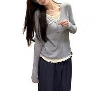 Coquette Clothes Downtown Girl Cute Esthétique Dentelle Bow Volants Crop Tops Girly Ribbe Tricot Tee Y2K Fairycore Shirts, gris, Taille S