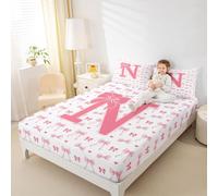 Coquette Parure de lit pour fille - Taille M - Rose - Monogrammé - Bowknot - 2 pièces - Lettre N Princesse - Parure de lit pour enfants