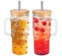 Coquette - Tasse en verre esthétique avec nœud rose délicat de 710 ml, tasse à café glacé avec brosse de nettoyage, gobelets en verre avec couvercle et paille - Cadeau pour filles, femmes, amis