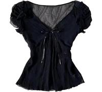Coquette Volants Tops Femmes Mignon Été Dentelle Peplum Babydoll Top Adolescentes Filles Y2k Grunge 2000s Cottagecore Vêtements, Nœud noir., S
