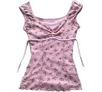 Coquette Volants Tops Femmes Mignon Été Dentelle Peplum Babydoll Top Adolescentes Filles Y2k Grunge 2000s Cottagecore Vêtements, motif floral rose, S