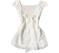 Coquette Volants Tops Femmes Mignon Été Dentelle Peplum Babydoll Top Adolescentes Filles Y2k Grunge 2000s Cottagecore Vêtements, Nœud blanc, S
