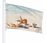 Coquillages de mer Drapeau Décor 0,9 x 1,5 m Plage Sable Mer Océan Idyllique Beauté Vague Côte Nature Paysage Marin Rive Polyester Motif Imprimé Décoration Extérieure pour Maisons et Jardins