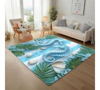 Coquillages d'hippocampes de la Vie Marine Tapis Antidérapant 200x300cm - Feuilles Géométrique Rayées Imprimé Ne perd Pas Ses Poils - Tapis Lavable pour Salon, Chambre à Coucher, Descente de Lit