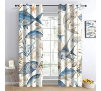 Coquille de poisson gris clair Salon Blackout Curtains,Thème océanique Chambre Rideau Oeillets, Poisson de dessin animé Cuisine Rideaux Anti, vie marine Enfant Bruit Opaque L96 x H183cm 2 Panneaux