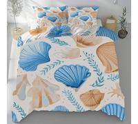 Coquille Saint Jacques Marine Housse de Couette 220x240cm Parure de Lit Adulte 110g/m² Microfibre Housses de Couettes Coquillages Algues Fermeture Éclair et 2 Taies d'oreiller 65x65 cm
