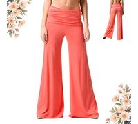 Coral Fold Over Pants, on-Trend Solid Wide Leg Loose Fit Lounge Pants with Ruched Waist, for Yoga Sports Everyday (Coral,M)