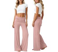 Coral Pants Fold Over Yoga Pants Damen Weite Lounge Hose mit Raffung Loose Fit Uni Corals Pants 2026 Coral Fold-Over-Yogahose Korallfarbene Faltenhose Palazzo Hose mit Hohem Umschlagbund, Rose, XS