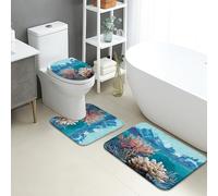 Coral Reef Lot de 3 tapis de salle de bain en flanelle à séchage rapide, lavables en forme de U, motif vagues de l'océan, bleu abstrait