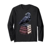 Corbeau esthétique sombre sur des livres, design littéraire gothique amusant Manche Longue