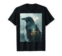 Corbeau Mystique Forêt Pins Double Exposition Gothique T-Shirt
